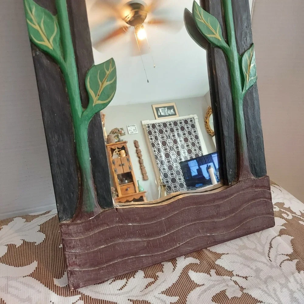 Hand Carved Wood Sunflower Wall Mirror Rustic Folk Art Floral Decor 19.5x11.5